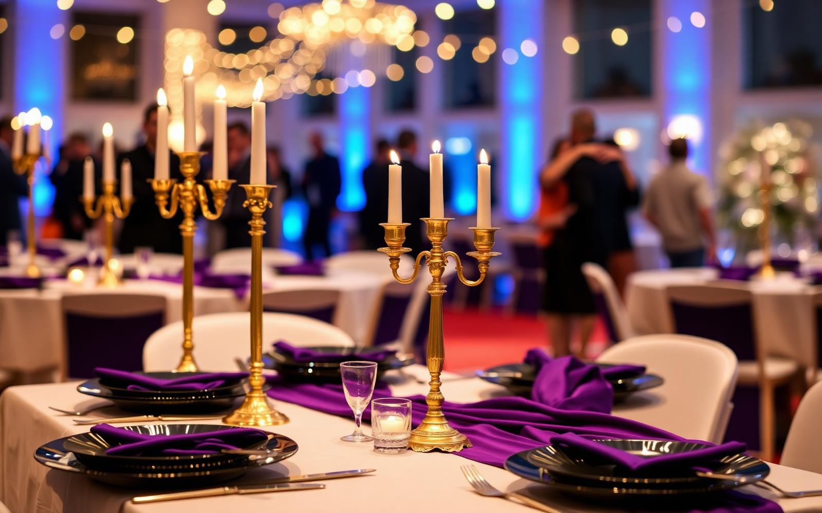 DYCORE Mobile Luxe event setup with gold candelabras and purple linens